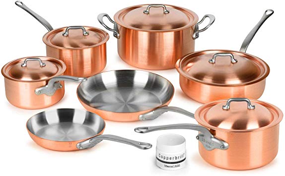Mauviel 2.5mm Brushed Copper Cookware Set, 12 Piece - Made in France - Stainless Steel Handles (M'heritage M250S)