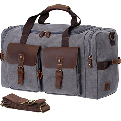 WOWBOX Canvas Travel Duffel Bag Leather Weekender Overnight Bag Large Tote Carry on Bag for Men and Women Unisex