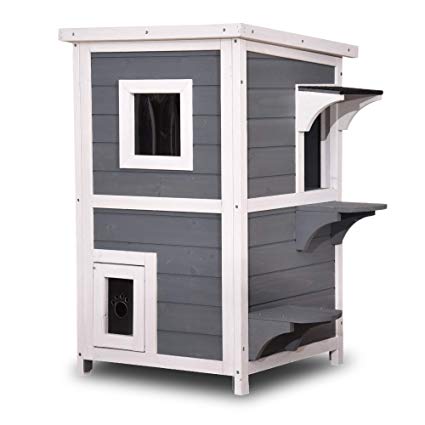 Lovupet 2-Story Weatherproof Wooden Outdoor/Indoor Cat Shelter House Condo with Escape Door 0508