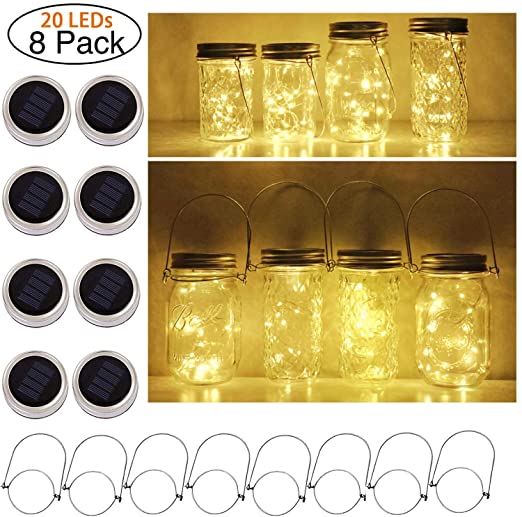 Cynzia Solar Mason Jar Lid Lights, 8 Pack 20 LED Waterproof Fairy Star Firefly String Lights with (8 Hangers Included,Jars Not Included), for Mason Jar Table Garden Wedding Party Decor (Warm White)