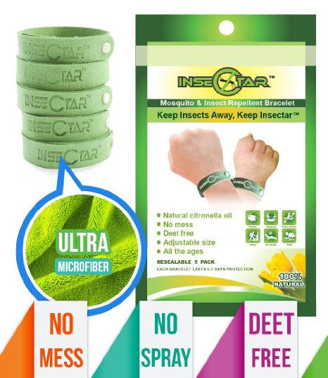 Mosquito Repellent Bracelet INSECTAR,5 Pack Best Pest,Insect&Bug Control Repeller off-Good Life,Travel,Yard,Outdoor&Indoor-For-Kids,babies,Adults-Natural Plants,Deet-Free,No-Spray-Trap-Wipes-Candle-Killer-Zika-Clip on-Patch-Wristband 100% Money Back