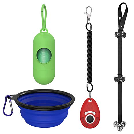 CandyHome Dog Doorbell for Dog Training Adjustable Door Bell with Collapsible Dog Bowl, One Dog Waste Bag Dispenser with 15 Count Bags -7 Extra Large Loud 1.4 DoorBells
