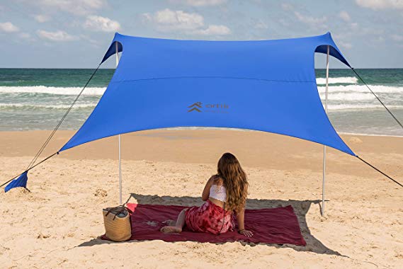 Beach Tent Sunshade Family Size 9.8'X9.8', 7ft Tall with Sandbag Anchors, Simple & Versatile. SPF50, Lycra SunShelter for The Beach,Camping and Outdoors.