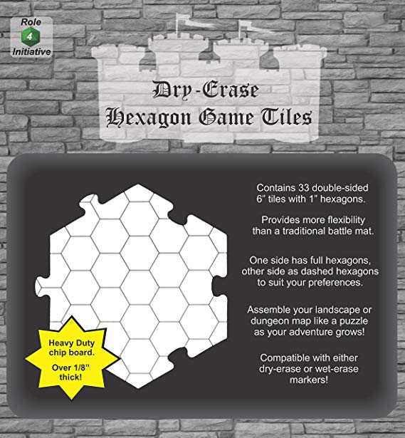 Role 4 Initiative Dry Erase Hexagon Dungeon Tiles - Pack of 33 Six Inch Tiles