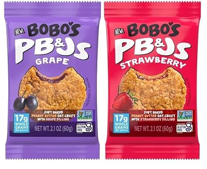 Bobo's Gluten Free PB&Js Soft Baked Peanut Butter Oat Crust with Jelly Filling, Grape and Strawberry, 2.1 Ounce (Pack of 24) - with Make Your Day Bag Clip