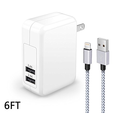 XUZOU iPhone Charger,4.8A 24W 3-Port USB Portable Travel Wall Charger Adapter with Foldable Plug 6FT Extra Long Apple Lightning Cable Charging Cord for iPhone 7/7Plus/6S/6S Plus/6/5S/SE/5C