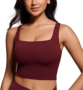 CRZ YOGA Butterluxe Womens Square Neck Longline Sports Bra - Workout Crop Tank Tops Padded with Built in Shelf Yoga Bra