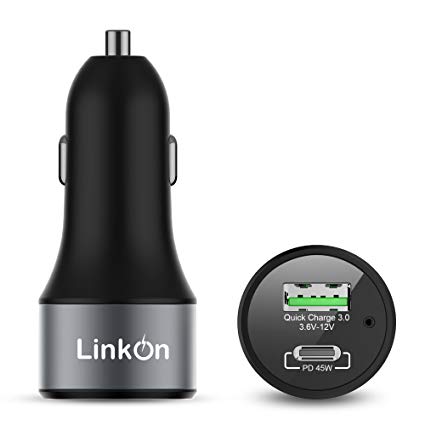 LinkOn 63W Car Charger with USB Type C Power Delivery 3.0 PD Port and USB A Qualcomm Quick Charge 3.0 for MacBook, Google Pixel, iPad, iPhone X and 8, Nintendo Switch, All Android