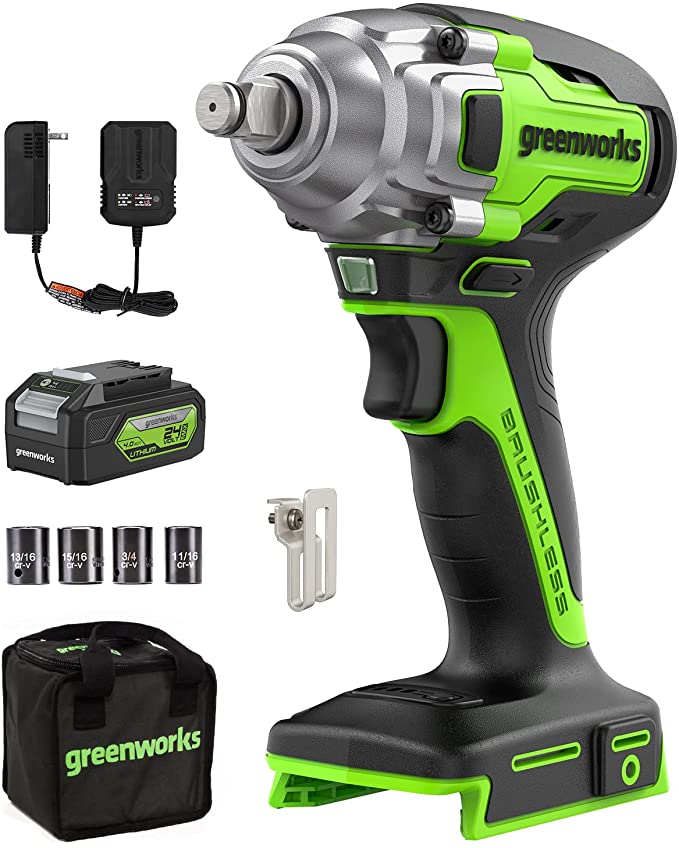 Greenworks 24V Cordless Impact Wrench with 4.0Ah Battery & Charger, 1/2 Inch 300 ft-lbs Brushless Impact Wrench Kit, Variable Speed for Home & Car