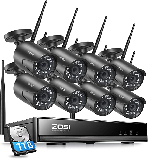 ZOSI 2K 3MP Wireless Security Camera System, H.265  8 Channel CCTV NVR with 1TB Hard Drive for 24/7 Recording and 8 x 3MP WiFi IP Camera Outdoor Indoor, Night Vision, Motion Alert, Remote Control