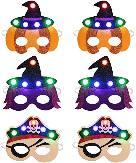 LED Halloween Masks for Kids,Aniwon 6PCS Pumpkin Pirate Witch Felt Cosplay Mask Childen Masquerade Mask Dress Up Costume Accessory for Party Favors Supplies