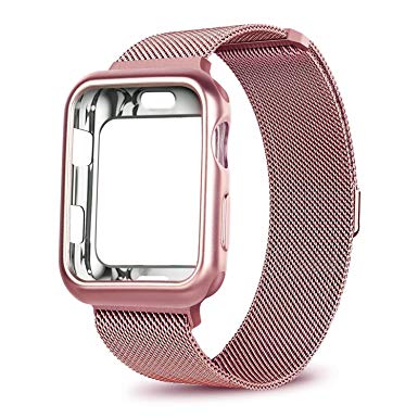OROBAY Compatible with Apple Watch Band Case 38mm, Stainless Steel Magnetic Mesh Milanese Loop Band with Soft TPU Case Compatible with Apple Watch Series 3 Series 2 Series 1, Rose Gold