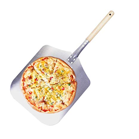 M4Y Aluminum Pizza Peel with Long Wooden Handle, Big 12 x 14 Inch for Pizza Stone and Baker stone Pizza Oven Use, a Hanging Loop for hang to save the space