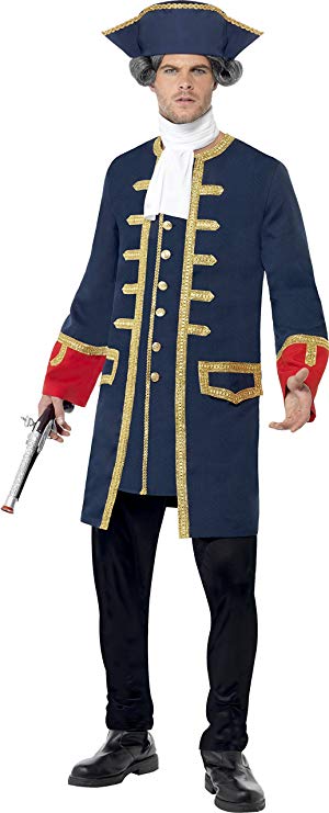 Smiffy's Adult men's Pirate Commander Costume, Blue, with Coat, Cravat and Hat, Pirate, Serious Fun, Size M, 24168