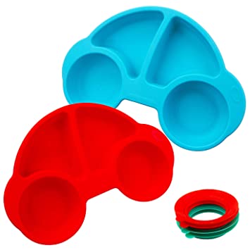 Silicone Divided Toddler Plates - Portable Non Slip Suction Plates for Children Babies and Kids BPA Free Baby Dinner Plate (Car-Blue/Red New)