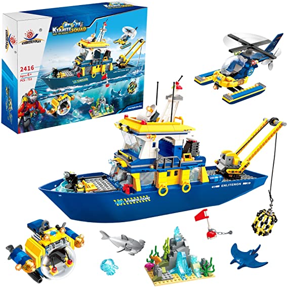 City Ocean Exploration Ship, Toy Exploration Vessel, Helicopter, Mini Submarine, Coral Reefs with Kyanite, Shark, Mobula, Roleplay Toy Boat Birthday Gifts for Boy and Girl Age 6-12 (753 Pieces)
