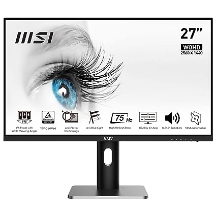 MSI PRO MP273QP 27 Inch WQHD (2560x1440) 75Hz Refresh Rate, IPS Panel with Eye-Friendly Technology, VESA-Mount Supported, Tilt/Swivel/Height/Pivot Adjustable Monitor, Black