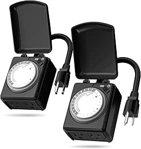 BN-LINK 24 Hour Heavy Duty Mechanical Timer, Outlet Timer with 15 Minutes Intervals, Outdoor Timer Outlet Waterproof, 2 Grounded Outlets for Christmas Lights,15A 1/2HP, ETL Listed（2 Pack）