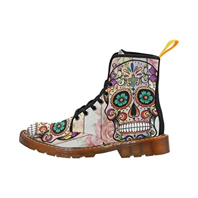 D-Story Shoes Sugar Skull on Flower Lace Up Martin Boots For Women