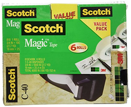 Scotch Magic Tape with C-40 Black Dispenser, 3/4 x 1000 Inches, 6 Rolls, 1 Dispenser (810C40BK)