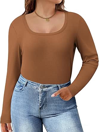 IN'VOLAND Plus Size Womens Long Sleeve Scoop Neck Ribbed Knit T-Shirt Fitted Casual Basic Tops