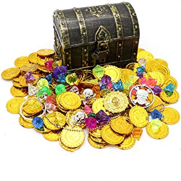 Kids Pirate Treasure Chest Toy Box Antique Color with Lock for Party Favors Props Decoration/Kids Storage Treasure Chest with (100 Plastic Gold Coins 100g Gems 2Earrings 2Rings 1Necklace)