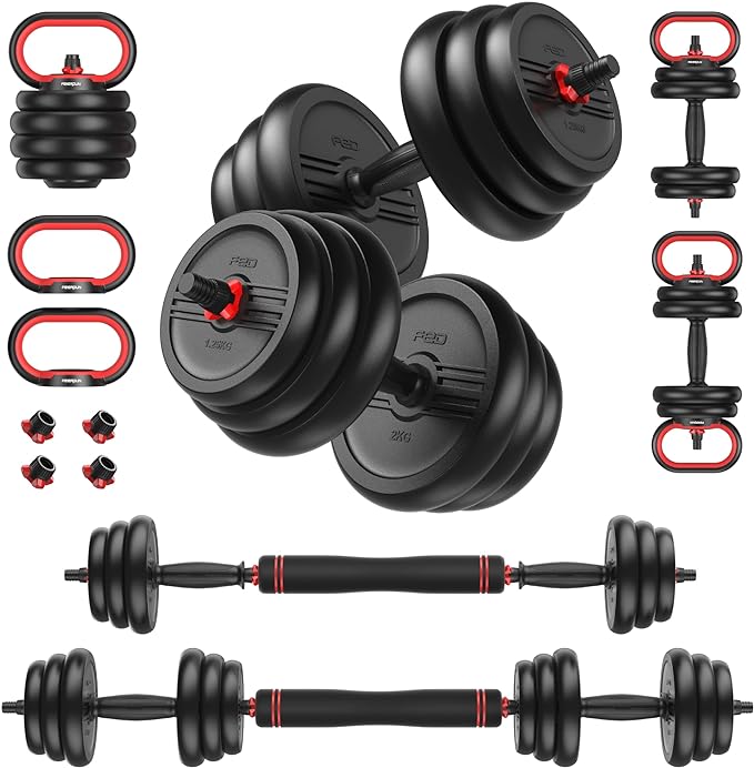 FEIERDUN Adjustable Dumbbell Set, 44/66lbs Free Weight Set with Connector, 4 in1 Weight Set Used as Barbell, Kettlebells, Push up Stand, Fitness Exercises for Home Gym Suitable Men/Women