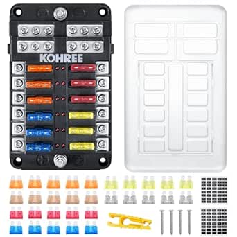 Kohree 12V Fuse Block 12 Way, 12V Blade Marine Fuse Block with LED Indicator, 30 PCS Fuses and Protective Cover, 12V Fuse Box Holder Fuses Panel Waterpoof for Auto, RV, Car, Boat, Marine, Truck