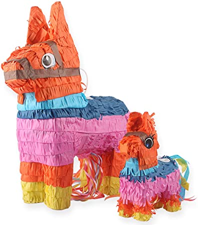 Donkey Pinatas - 2 Sizes Mexican Pinatas with Hanging Loop (13 x17 in)- Colorful Festival Party Supplies Favor for Fiestas, Cinco de Mayo Decorations, Mexican Themed Party