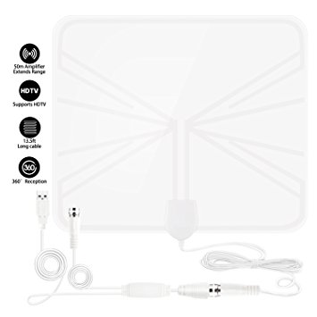 HDTV Antenna, 50 mile Range Indoor Amplified TV Antenna, 1080P Indoor Digital TV HD Antenna, Detachable Amplifier Signal Booster and 13.5ft High Performance Coax Cable (White)