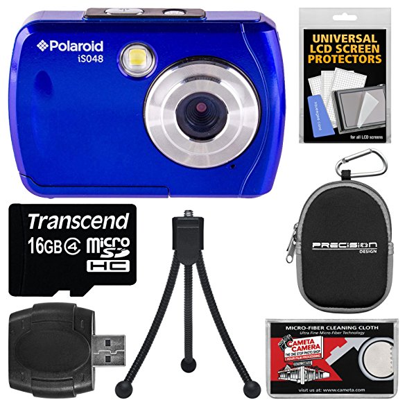 Polaroid iS048 Waterproof Digital Camera (Blue) with 16GB Card   Case   Tripod   Kit