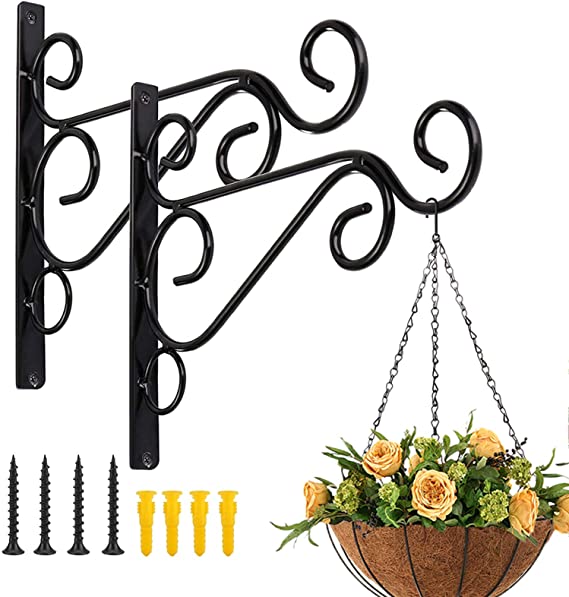 Hanging Plant Brackets, Pack of 2 10 inch Iron Wall Mount Plant Hanging Hooks Metal Wall Brackets Hangers for Indoor Outdoor Planter Bird Feeder Lanterns Wind Chimes with Screws