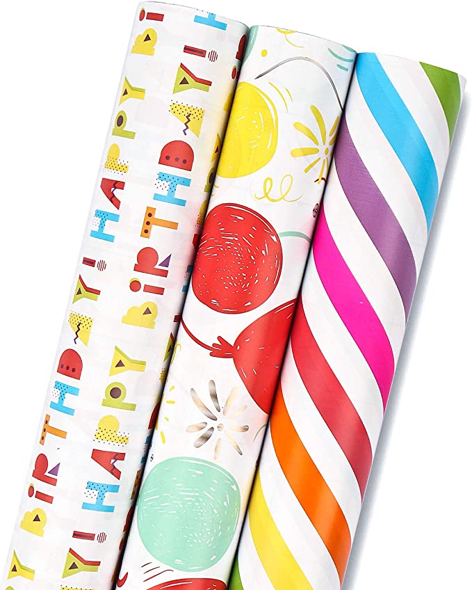 MAYPLUSS Wrapping Paper Roll - Mini Roll - 17.3 inch X 120 inch Per roll - 3 Different Birthday Print Design (43.2 sq.ft.TTL)