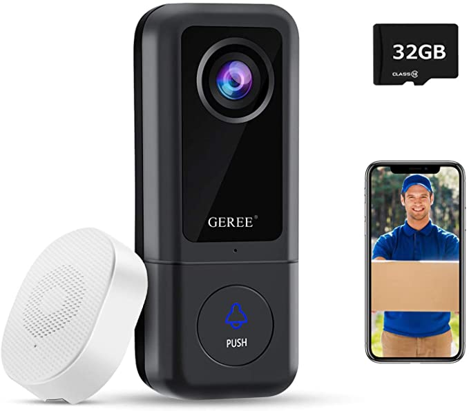 GEREE Video Doorbell, 2K Resolution Doorbell Camera with Human Detection, Real-Time Video and 2-Way Audio, IP65 Waterproof, Night Vision, 32GB SD Card (Existing Doorbell Wiring or Provided Adapter)