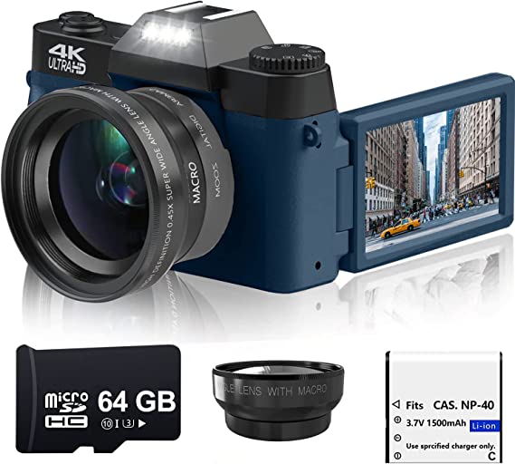Acuvar 4K 48MP Digital Camera for Photography, Vlogging Camera for YouTube with 3.0’’ 180° Flip Screen, WiFi, 16X Digital Zoom, Wide Angle & Macro Lens, Rechargeable Battery, 64GB Micro SD Card