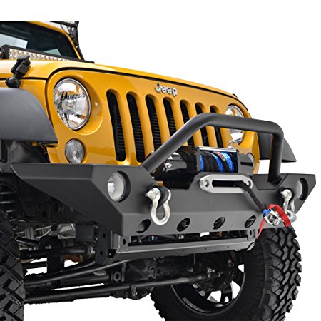 E-Autogrilles 07-16 Jeep Wrangler JK Textured Black Rock Crawler Front Bumper with OE Fog Lights Hole & Winch Mount Plate (51-0328)
