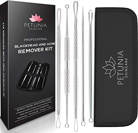 Professional Blackhead & Acne Remover Kit to Treat Every Facial Impurities & Blemishes - FREE Case   Gift Box & e-Book Guide Included - 5 Comedones Extractor Tools for Blemish, Pimple & Whitehead Removal