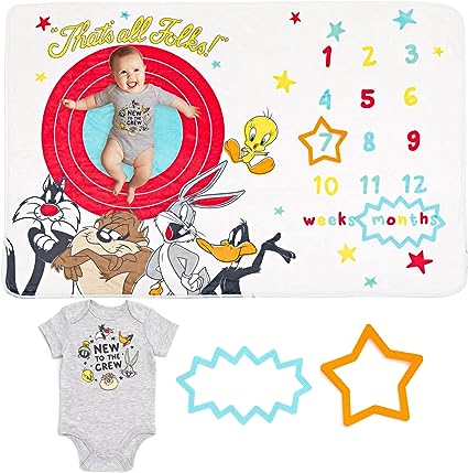 LOONEY TUNES Sylvester Bugs Bunny Tasmanian Devil Baby Bodysuit and Monthly Milestone Blanket 4 Piece Newborn