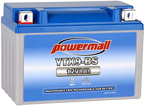 Powermall YTX9-BS Maintenance Free Sealed Lead Acid AGM Rechargeable Replacement ETX9 GTX9-BS M329BS/M429BS CTX9-BS PTX9-FS Battery for Husaberg Kawasaki E-Ton Yamaha Motorcycle ATV SCOOTER