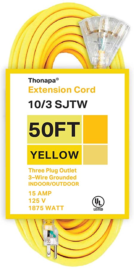 50 Foot Lighted Outdoor Extension Cord with 3 Electrical Power Outlets - 10/3 SJTW Yellow 10 Gauge Cable with 3 Prong Grounded Plug for Safety