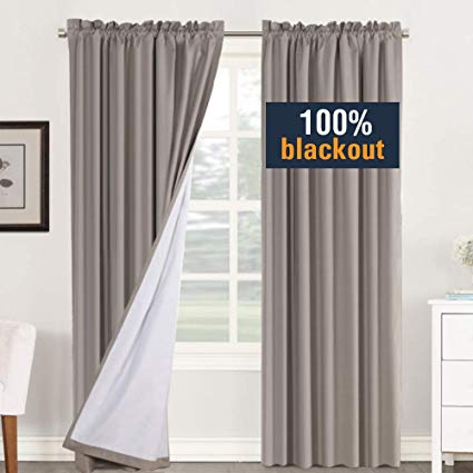 H.VERSAILTEX Blackout Curtains for Bedroom/Living Room, Noise Reducing Thermal Insulated Rod Pocket Blackout Window Drapes with White Backing, 52 by 84 Inches Long, 2 Panels, 2 Bonus Tie-Backs, Taupe