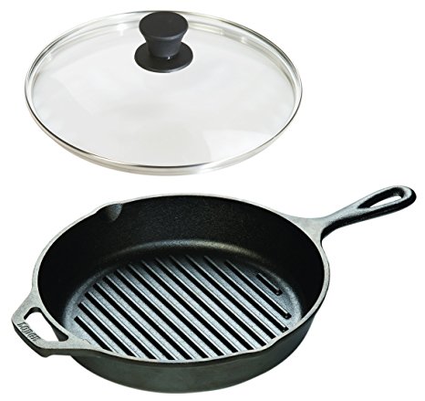 Lodge Seasoned Cast Iron Cookware Set - Grill Pan with Tempered Glass Lid (10.25 Inch)