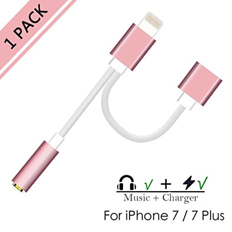 iPhone 7 / 7 Plus Adapter,VOWSVOWS iPhone 7 / 7 Accessories 2 in 1 Lightning Adapter Cable Charge and Headphone Splitter(IOS 10.3)(Rose gold)