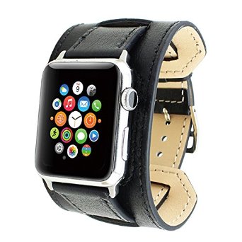 Apple Watch Band Wearlizer Genuine Leather Watch Strap Replacement w Metal Clasp for Apple Watch all Models Cuff Design - 42mm Black