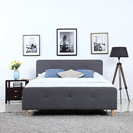 Mid Century Modern Linen Fabric Low Profile Bed Frame (Queen, Dark Grey)