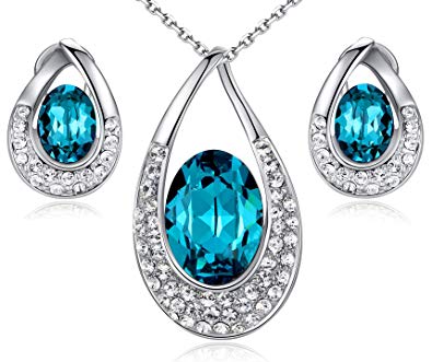 Leafael [Presented by Miss New York] Angel's Teardrop Made with Swarovski Crystals Blue Zircon Jewelry Set Earrings Necklace, 18"  2", Nickel/Lead/Allergy Free, Luxury Gift Box