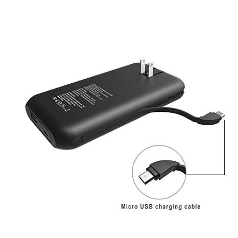 Micro USB AC Plug Heloideo 15000mAh Power Bank, 5V/2.4A USB Output Portable charger with AC Adapter, Built-in Charge Cable for Galaxy S7 and other Micro USB Input Devices (Micro USB cable-Matt black)