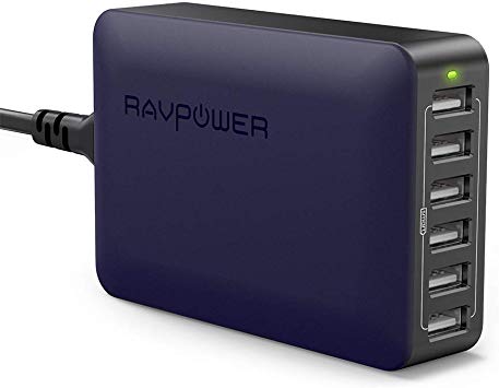 USB Charger, RAVPower USB Power Plug Charging Stations with 60W 6-Port Multi Desktop Charger for iPhone XS/XR/XS Max, Galaxy S9–Blue