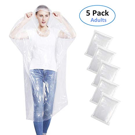 KASU Emergency Rain Ponchos for Adults, Disposable Drawstring Hood Poncho for Outdoors, Theme Parks, Hiking, Camping, School Sporting Corporate Events Group Activity - 5 Pack, Clear