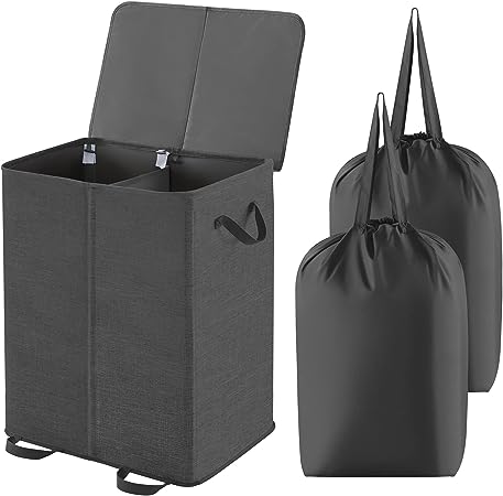 Lifewit Double Laundry Hamper with Lid and Removable Laundry Bags, Large Collapsible 2 Dividers Dirty Clothes Basket with Handles for Bedroom, Laundry Room, Closet, Bathroom, College, Black, 155L